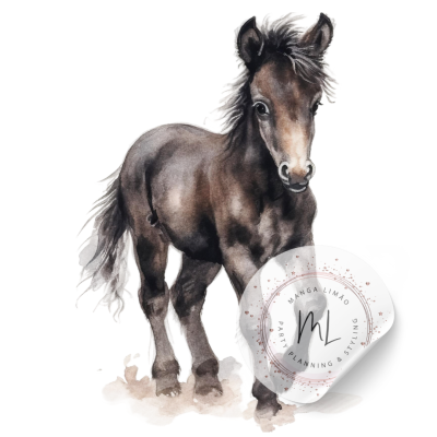 Potro castanho escuro com crina preta e marca de água redonda com texto MANGA LIMÃO ART PLANNING & STYLING