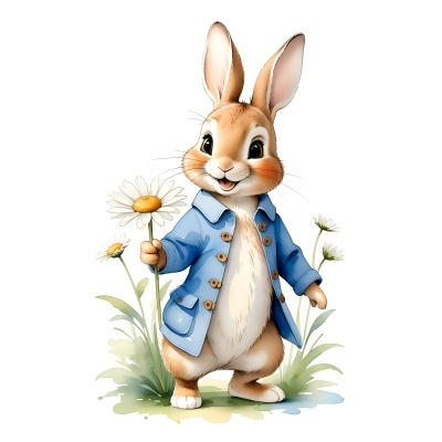 Coelho antropomórfico com jaqueta azul e margaridas