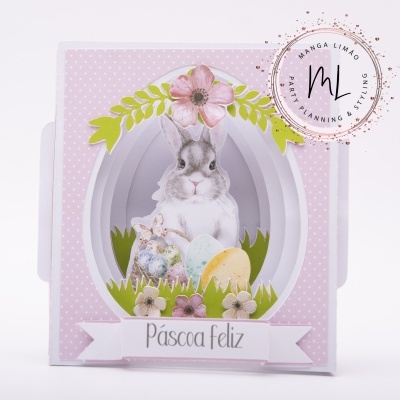 Cartão 3D de Páscoa com coelho e texto Páscoa feliz