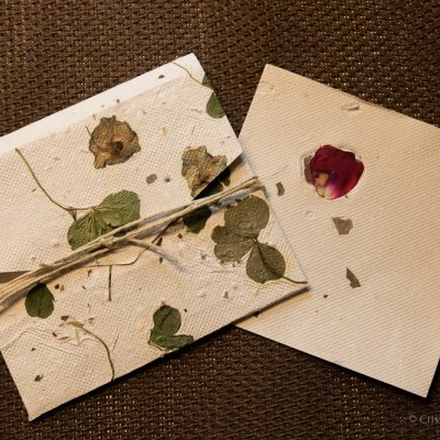 Cartões artesanais com folhas secas sobre superfície castanha