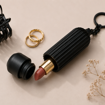 Batom cor de rosa queimado com embalagem preta e dourada, dois anéis dourados, mola de cabelo preta e ramos secos sobre superfície bege.