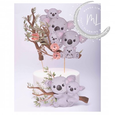 Topo de bolo decorativo com koalas cinzentos e ramos floridos