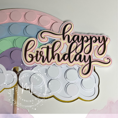 Cartão decorativo de aniversário com arco-íris e texto 'happy birthday'.