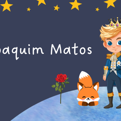 Ilustração digital com príncipe, raposa, rosa e texto Joaquim Matos