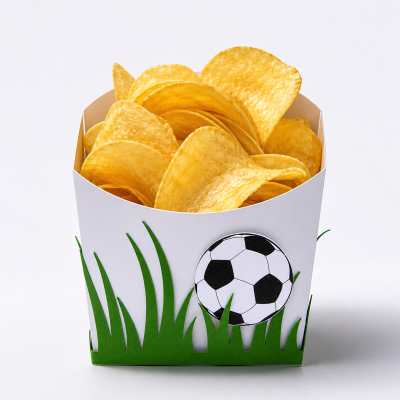 Batatas fritas douradas numa embalagem branca com decoração de relva verde e bola de futebol