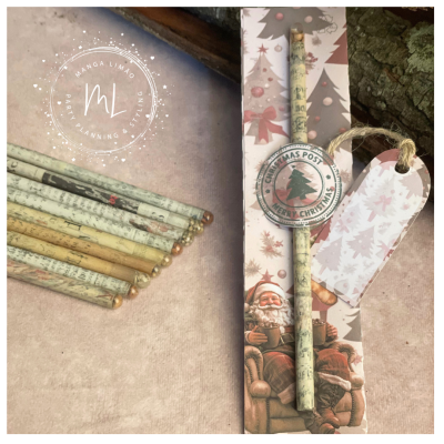 Lápis de cor com embalagem de Natal decorativa contendo selo e etiqueta