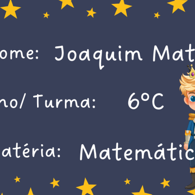 Fundo azul escuro com estrelas amarelas, texto com nome, turma e matéria, e ilustração de príncipe