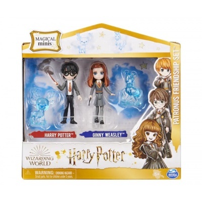 Conjunto de figuras Harry Potter Magical Minis com Harry Potter e Ginny Weasley e efeitos azuis em embalagem colorida
