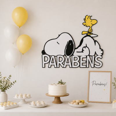 Mesa de festa com bolo, macarons, balões amarelos e brancos, vasos de flores, quadro e decoração com personagem Snoopy e Woodstock e palavra PARABENS.