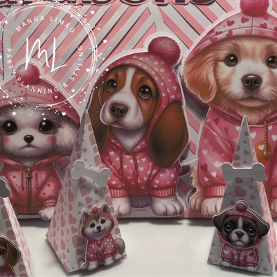 Três cães com roupas cor-de-rosa com capuz e pompons e decorações triangulares rosas com corações