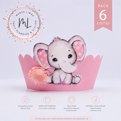 Cinta decorativa rosa Bandeirola personalizada Elefante Rosa com letra decorativa e elefante com bal