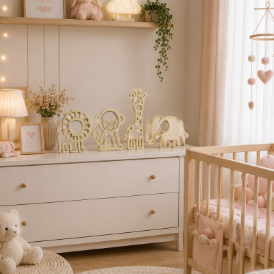 Quarto de bebé decorado com móveis e brinquedos suaves em tons bege e rosa.