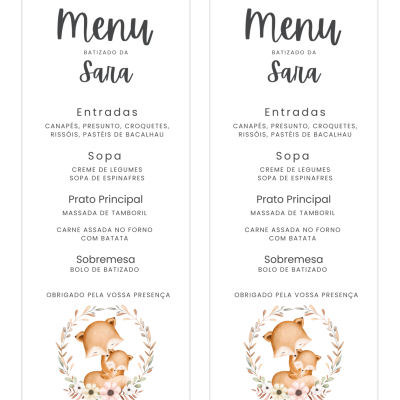Menus de batizado com ilustração de raposas e texto em português