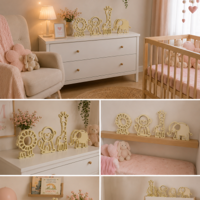 Figuras decorativas de animais amarelos claros em mobílias de quarto de bebé com decoração em rosa e bege