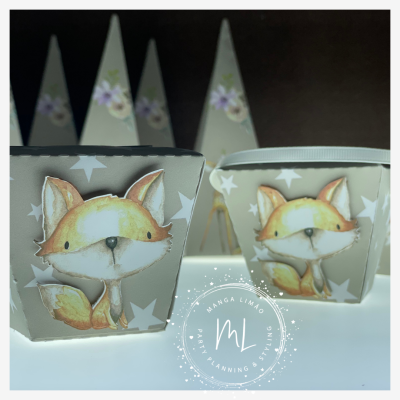 Dois porta-objetos cinzentos com raposas e estrelas brancas