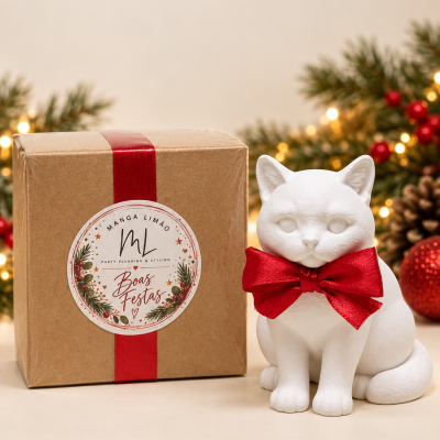 Caixa de cartão castanha com fita vermelha e etiqueta decorativa ao lado de estatueta branca de gato com laço vermelho