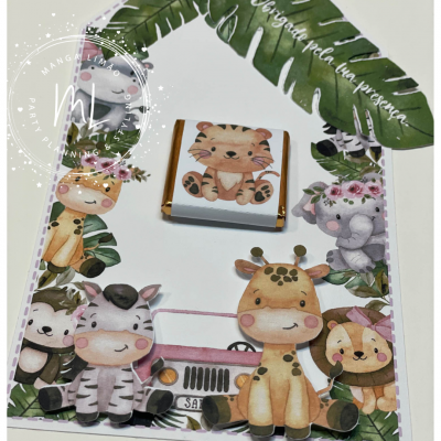 Embalagem de chocolate com ilustrações de animais de safari em estilo infantil e texto de agradecimento.