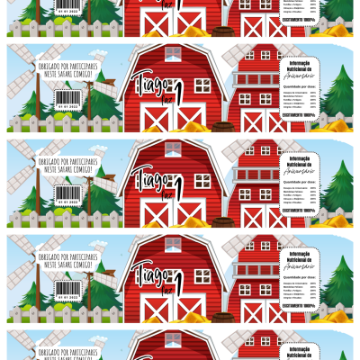 Rótulo com celeiro vermelho, moinho de vento, código de barras e informação nutricional em português
