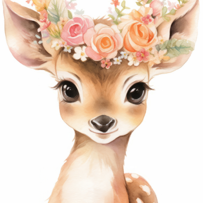 Ilustração de veado com coroa de flores coloridas em fundo branco