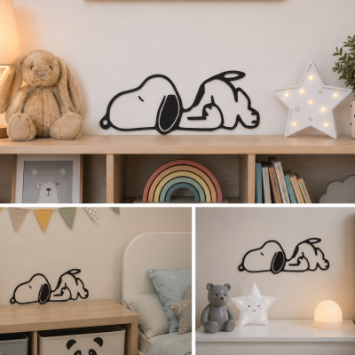 Decoração infantil com luz de parede Snoopy, peluches, lâmpada de madeira, arco-íris em tons pastéis e livros