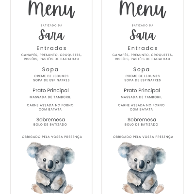 Dois menus de batizado com texto em português e ilustração de coala cinzento na parte inferior
