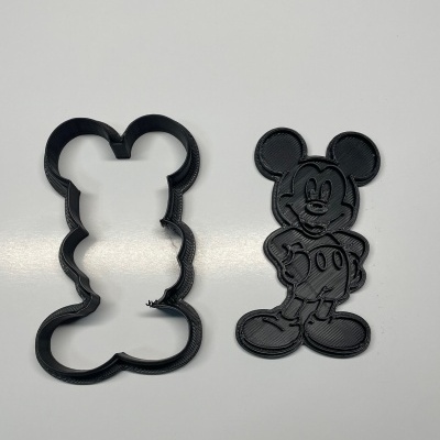 Dois corta-biscoitos pretos em forma da personagem Mickey Mouse sobre fundo branco