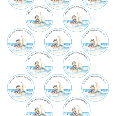 Folha com 14 autocolantes redondos com ursinho num barco à vela e texto personalizável