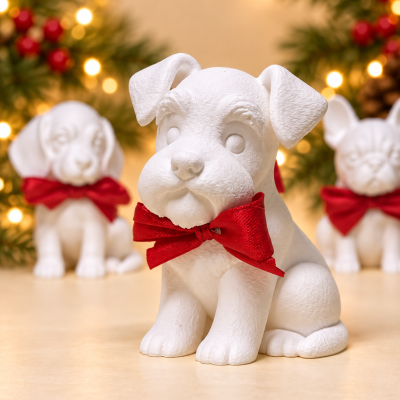 Três estatuetas de cães brancos com laços vermelhos em decoração natalícia