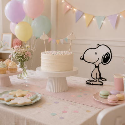 Mesa de festa infantil com bolo, cupcakes, bolachas, macarons, copos e balões coloridos