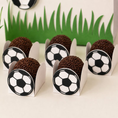 Forminha para brigadeiro tema futebol com bola de futebol decorativa – decoração de festa futebol