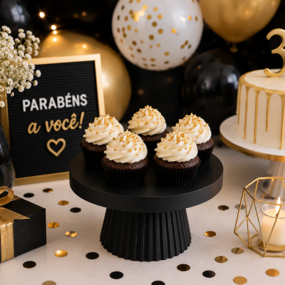 Cupcakes com cobertura branca e partículas douradas num suporte preto, bolo com número 30 e balões preta, dourada e branca ao fundo