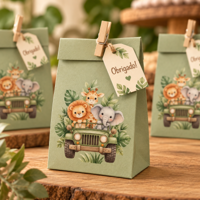 Sacola de papel verde com ilustração de animais e etiqueta Obrigado!