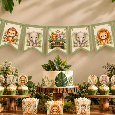 Decoração de festa com bolo, cupcakes e bandeirinhas com animais safari