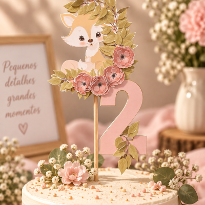 Topo de bolo com número 2, flores cor de rosa e raposa em papel, sobre bolo branco com decoração floral e bolinhas coloridas.