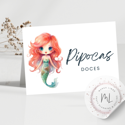 Cartão branco com sereia ilustrada e texto 'Pipocas DOCES'