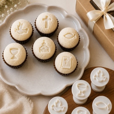 Carimbos para brigadeiros com motivos religiosos e cupcakes decorados