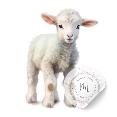 Cordeiro branco com selo redondo branco ao lado