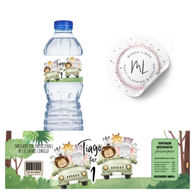garrafa água Vitalis com rótulo decorativo safari para aniversário