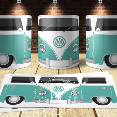 Conjunto de canecas e tapete com design de carrinha VW em verde água e branco