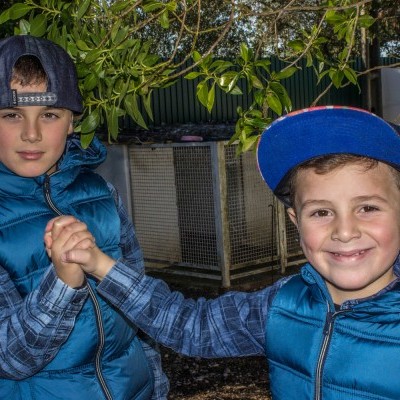Dois rapazes com coletes azul-turquesa e bonés, cumprimentando-se com as mãos na natureza