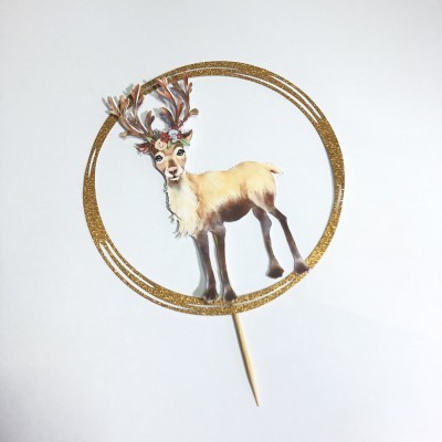 Marcador decorativo para bolo com veado e círculo dourado glitter