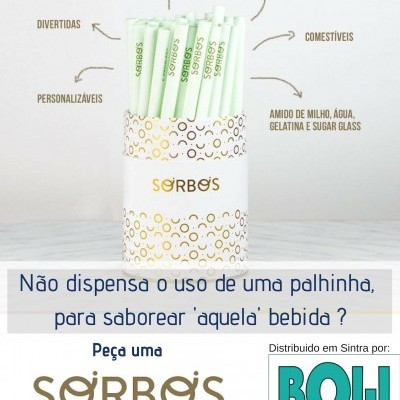 Palhinhas biodegradáveis aromatizadas e personalizáveis da marca SORBO'S em suporte decorado com texto informativo e logótipo do distribuidor