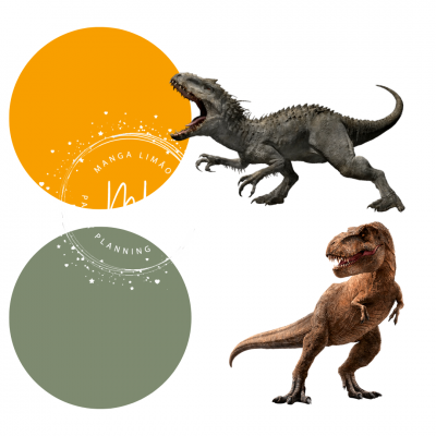 Ilustrações digitais de dois dinossauros realistas com círculos coloridos e texto em fundo branco