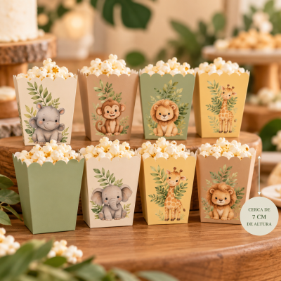 Caixas pequenas de papel para pipocas com ilustrações de animais bebés e folhas verdes.