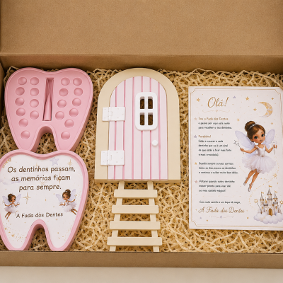 Caixa de presente com caixa de dente rosa, porta decorativa e cartão ilustrado