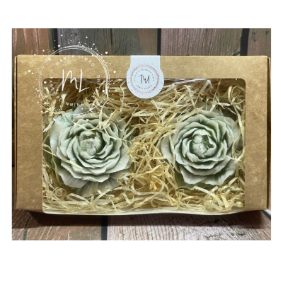 Conjunto de duas velas florais verdes numa caixa de cartão com janela transparente e palha decorativa
