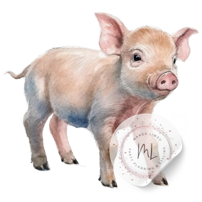 Ilustração de um leitão com selo branco redondo com texto