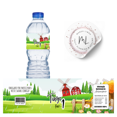 Garrafa de água com rótulo colorido e embalagem de creme branca com texto