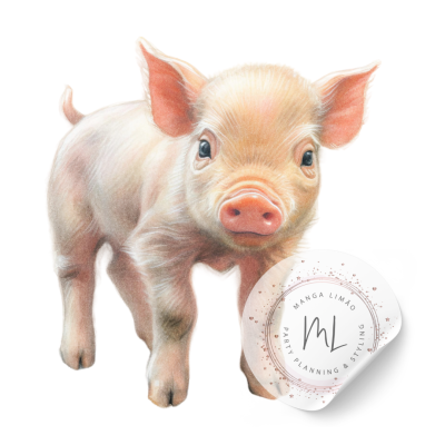 Porquinho rosa claro com selo branco redondo de marca