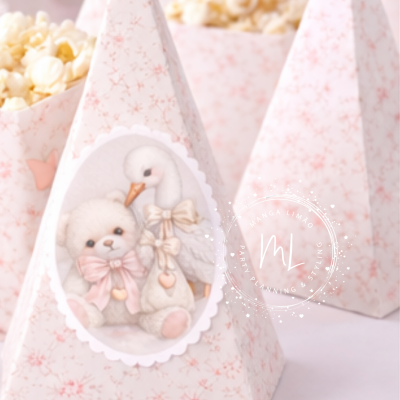 Embalagem de festa pirâmide com urso e cisne em padrão floral rosa